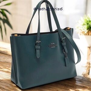 Coach Dark Green Leather Mollie 25 Tote with Adjustable Strap and black hardware